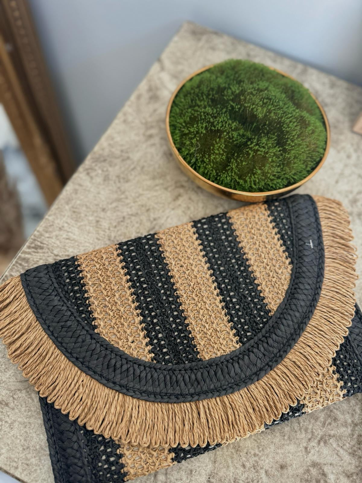 Two Tone Fringe Trim Flap Straw Bag